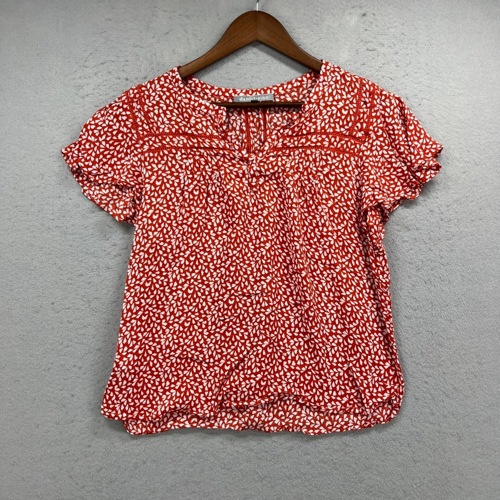 Daniel Rainn Blouse Womens PS Red Floral Short Sleeve Lace Trim Boho Cottagecore